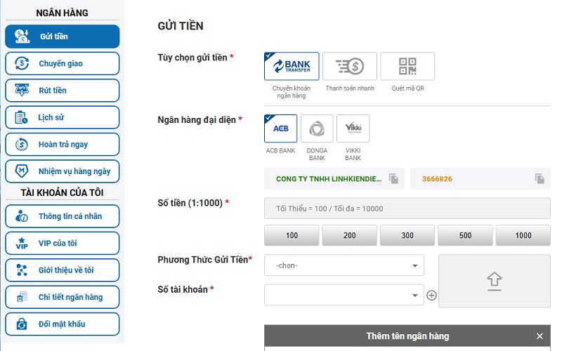 Nạp tiền CMD368 qua ngân hàng